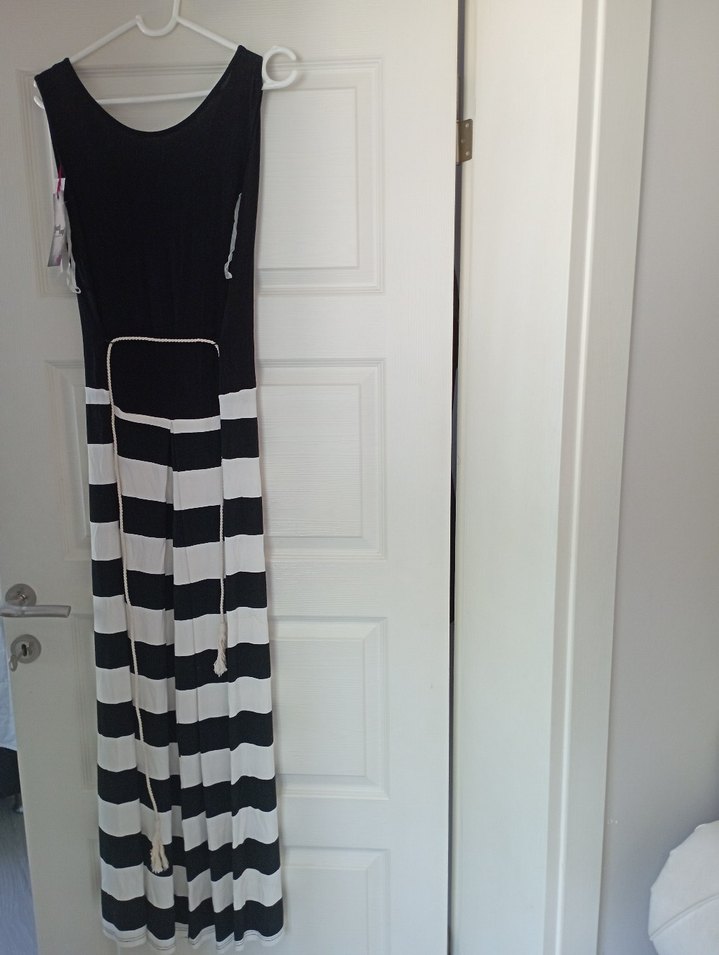 Siyah Beyaz Çizgili Uzun Bohem Tulum - Görsel 2