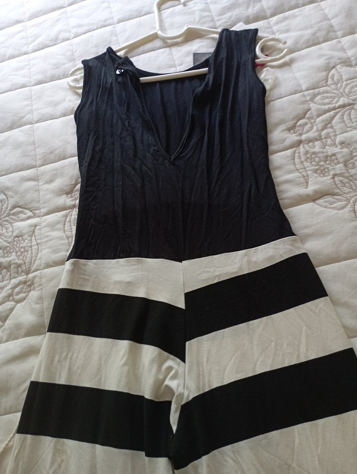 Siyah Beyaz Çizgili Uzun Bohem Tulum - Görsel 4