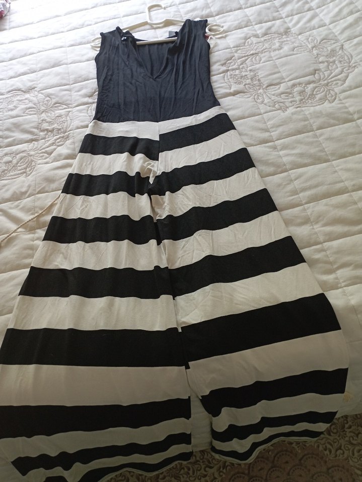 Siyah Beyaz Çizgili Uzun Bohem Tulum - Görsel 3