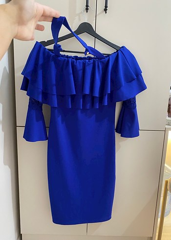 Saks Mavi Fırfırlı Kadın Abiye Elbise - Görsel 2