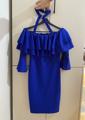 Saks Mavi Fırfırlı Kadın Abiye Elbise - Görsel 3