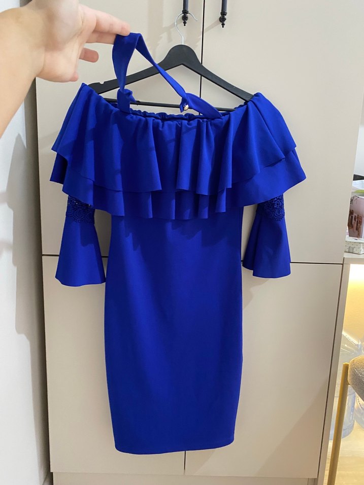 Saks Mavi Fırfırlı Kadın Abiye Elbise - Görsel 2