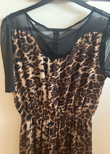 Kahverengi Leopar Desenli Midi Elbise - Görsel 3