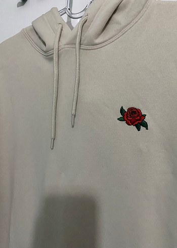 xl Beden Kadın Bej Kapüşonlu Sweatshirt Gül Nakışlı