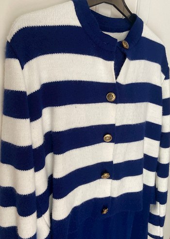 Düğmeli Lacivert Beyaz Çizgili Etekli triko takım - Görsel 2