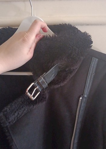 PULL&BEAR Siyah Kadın Süet Kürklü Biker Ceket - Görsel 8