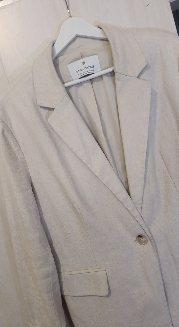 STRADİVARİUS Bej Kadın Keten Midi Blazer - Görsel 3