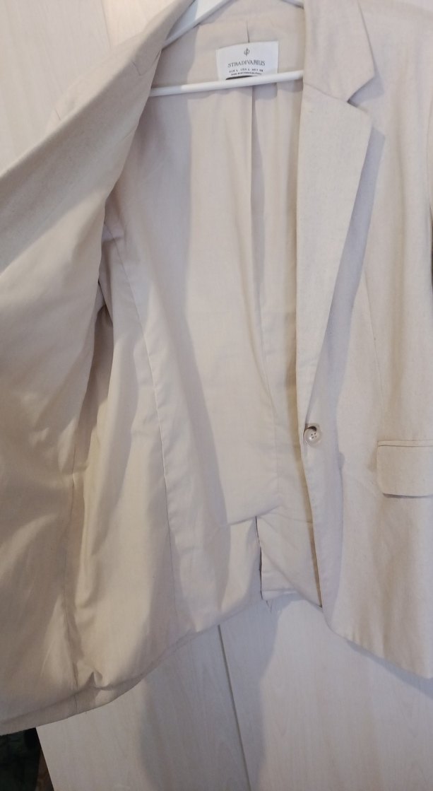 STRADİVARİUS Bej Kadın Keten Midi Blazer - Görsel 5