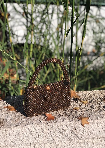 Boncuk İşlemeli Kahverengi Örgü Kadın Çanta - Görsel 4