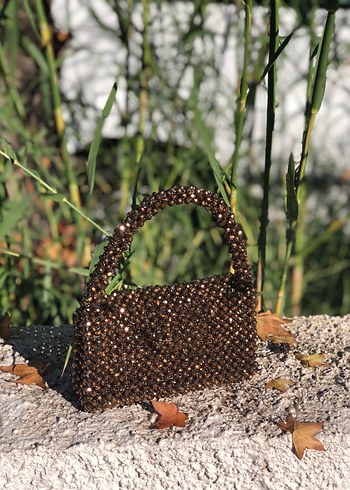 Boncuk İşlemeli Kahverengi Örgü Kadın Çanta - Görsel 2