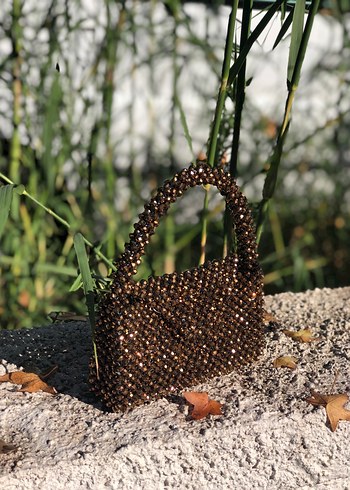 Boncuk İşlemeli Kahverengi Örgü Kadın Çanta - Görsel 5