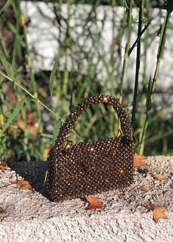 Boncuk İşlemeli Kahverengi Örgü Kadın Çanta - Görsel 3