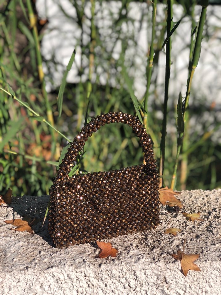 Boncuk İşlemeli Kahverengi Örgü Kadın Çanta - Görsel 2