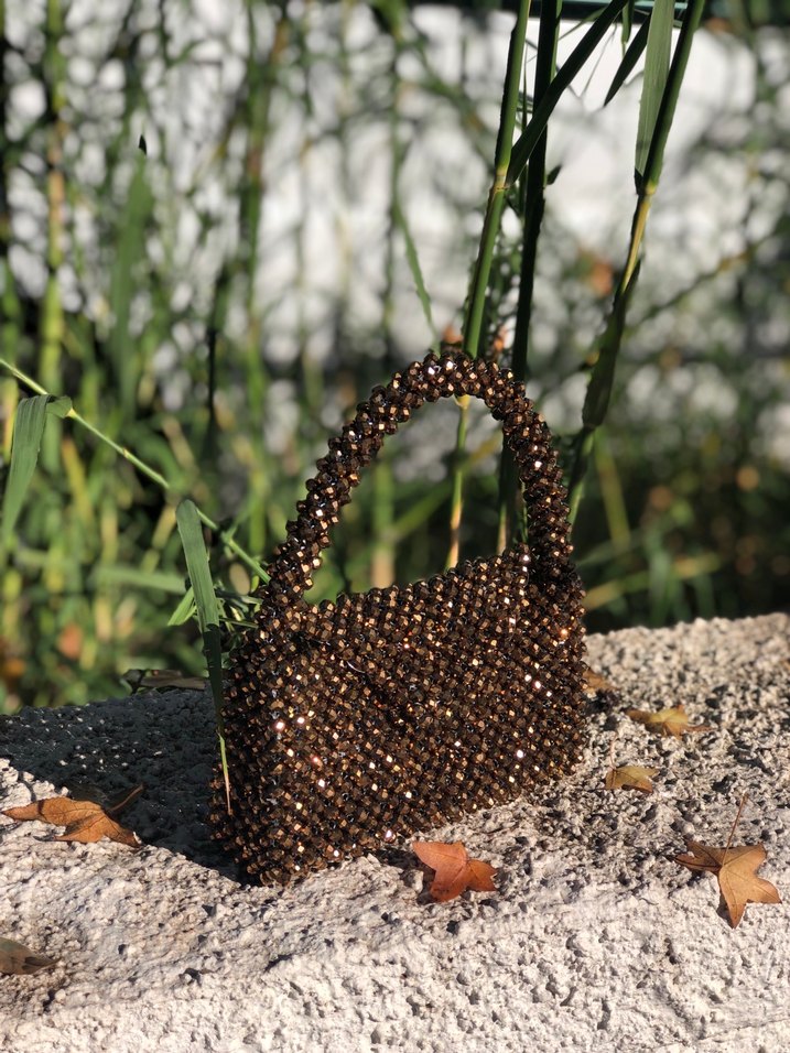 Boncuk İşlemeli Kahverengi Örgü Kadın Çanta - Görsel 5