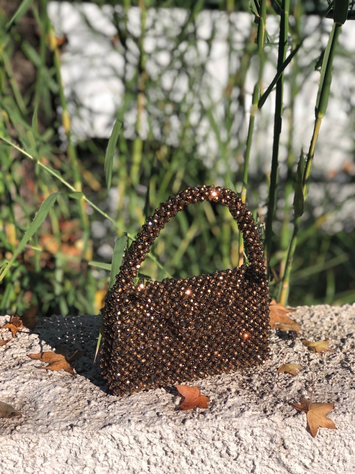 Boncuk İşlemeli Kahverengi Örgü Kadın Çanta - Görsel 3