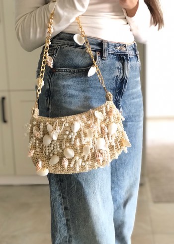 Boncuk İşlemeli Beyaz Bohem Kadın Çanta - Görsel 7