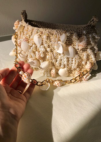 Boncuk İşlemeli Beyaz Bohem Kadın Çanta - Görsel 3