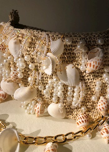 Boncuk İşlemeli Beyaz Bohem Kadın Çanta - Görsel 2