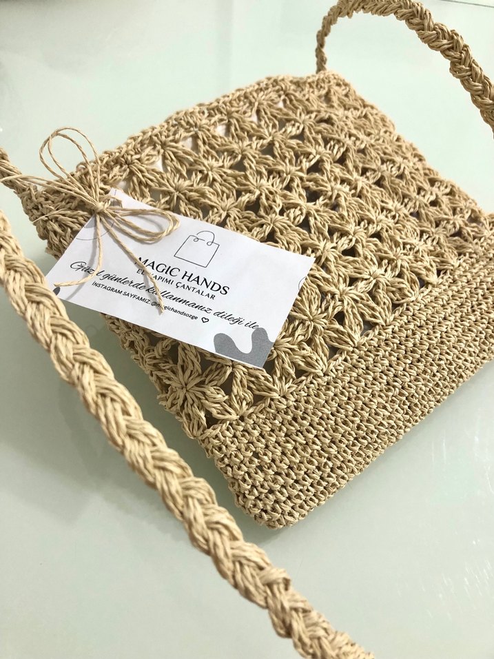 Bohem Tarz Örgü Hasır Çanta - Görsel 2