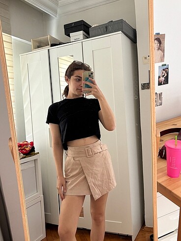 Zara pembe kemerli süet etek