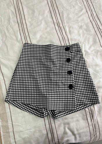 Düğmeli Kareli Mini şort etek