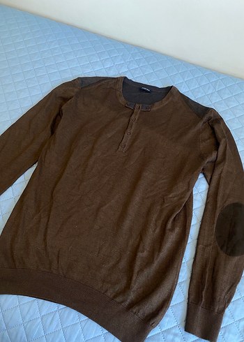 Düğmeli Kahverengi Erkek Keten Kazak - Görsel 2