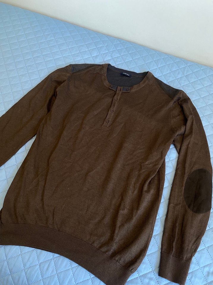 Düğmeli Kahverengi Erkek Keten Kazak - Görsel 2