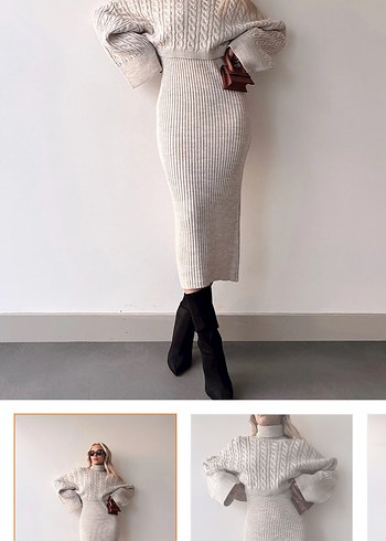 Uzun Bej Yüksek Yakalı Triko Elbise - Görsel 2