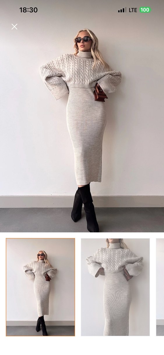 Uzun Bej Yüksek Yakalı Triko Elbise - Görsel 2