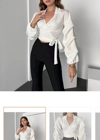 Beyaz V Yaka Kemerli Mini Bluz - Görsel 2