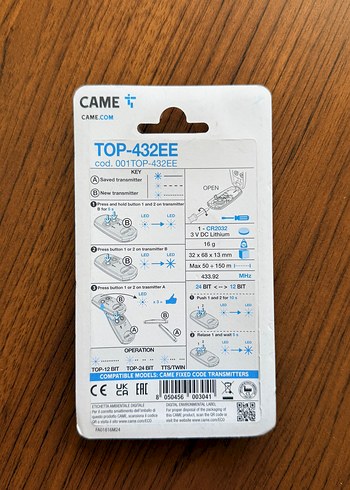 CAME Top-432ee uzaktan kumanda 50 metre menzilli - Görsel 3