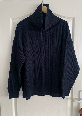 Lacivert Yün Örgü Yüksek Yakalı Kadın Kazak - Görsel 3