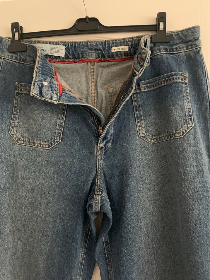 Düğmeli Bol Kesim Mavi Kadın Kot Pantolon - Görsel 5