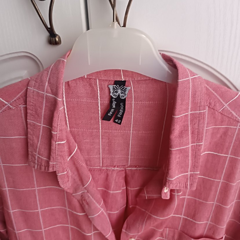 Pembe Kareli Uzun Kollu Kadın Gömlek - Görsel 2