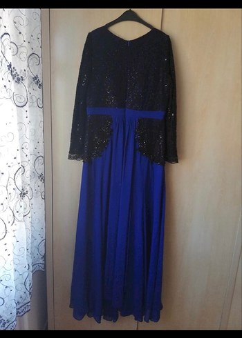 Uzun Kollu Drapeli Mavi Gotik Abiye Elbise