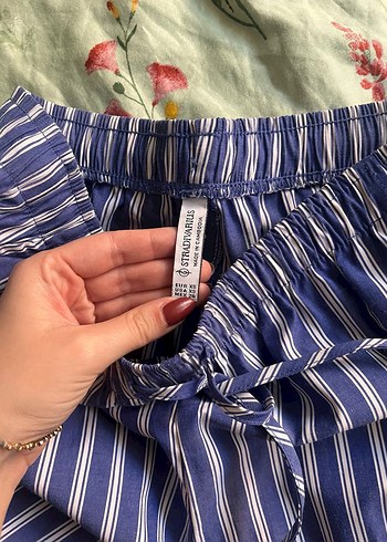 xs Beden Kadın Mavi Çizgili Bol Paça Pantolon