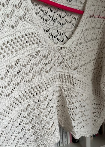 Beyaz V Yaka Örgü Bohem Kadın Kazak - Görsel 5