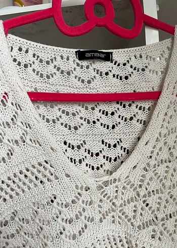 Beyaz V Yaka Örgü Bohem Kadın Kazak - Görsel 2