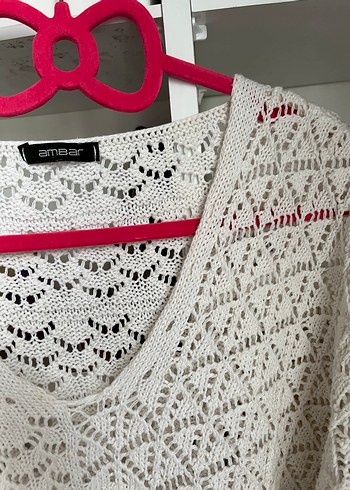 Beyaz V Yaka Örgü Bohem Kadın Kazak - Görsel 7