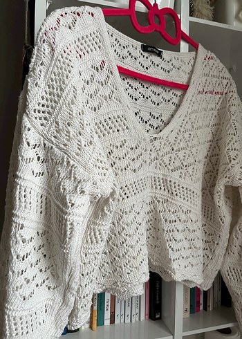 Beyaz V Yaka Örgü Bohem Kadın Kazak - Görsel 3