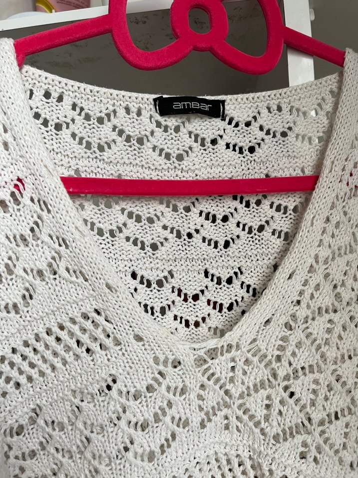 Beyaz V Yaka Örgü Bohem Kadın Kazak - Görsel 2