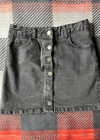 Düğmeli Gri Denim Mini Etek - Görsel 2