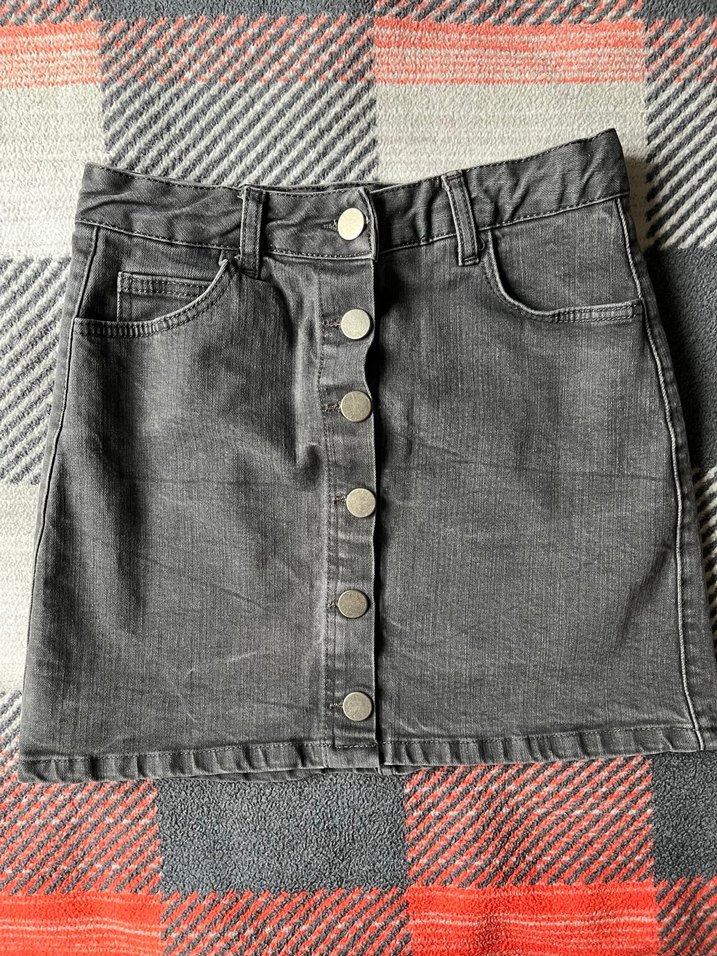 Düğmeli Gri Denim Mini Etek - Görsel 2