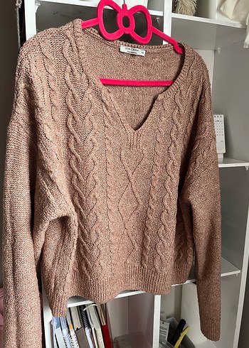 Kadın Kahverengi V Yaka Örgü Kazak - Görsel 3