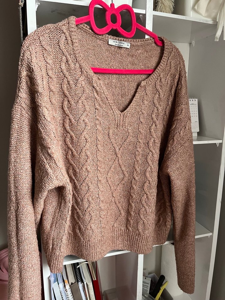 Kadın Kahverengi V Yaka Örgü Kazak - Görsel 3