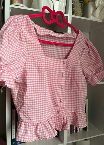 Pembe Düğmeli Kareli V Yaka Bluz - Görsel 3