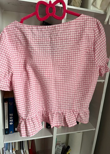 Pembe Düğmeli Kareli V Yaka Bluz - Görsel 7