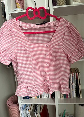 Pembe Düğmeli Kareli V Yaka Bluz - Görsel 6