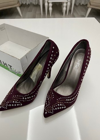 Bordo Süet Taş İşlemeli Stiletto - Görsel 2