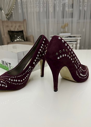 Bordo Süet Taş İşlemeli Stiletto - Görsel 5